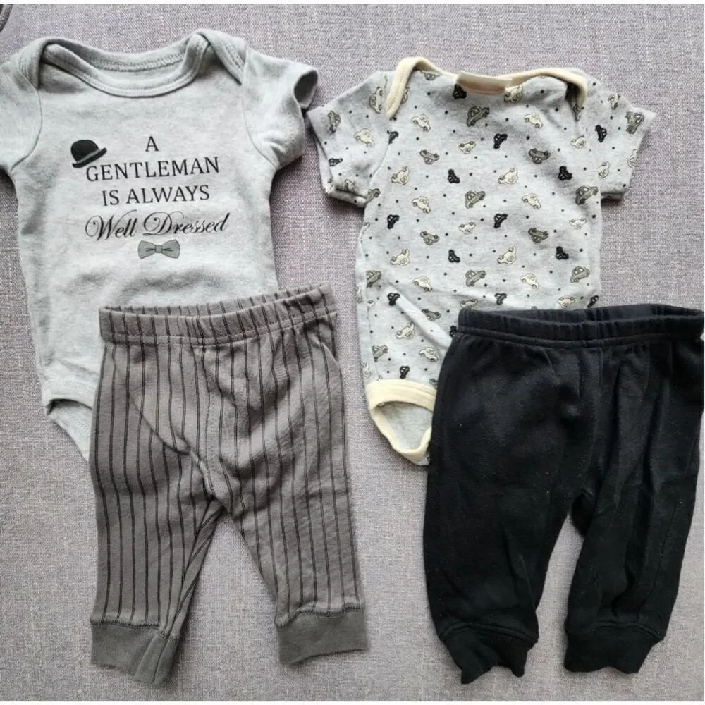 Little Treasure Baby Boy Short Sleeve Bodysuit And Pants‎ Outfit 2 Sets 0-3Mos.